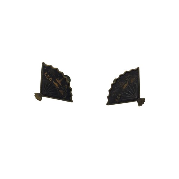 Vintage Women's Japanese Damascene fan K24 Gold Tone Screw Back Earrings - Picture 1 of 6